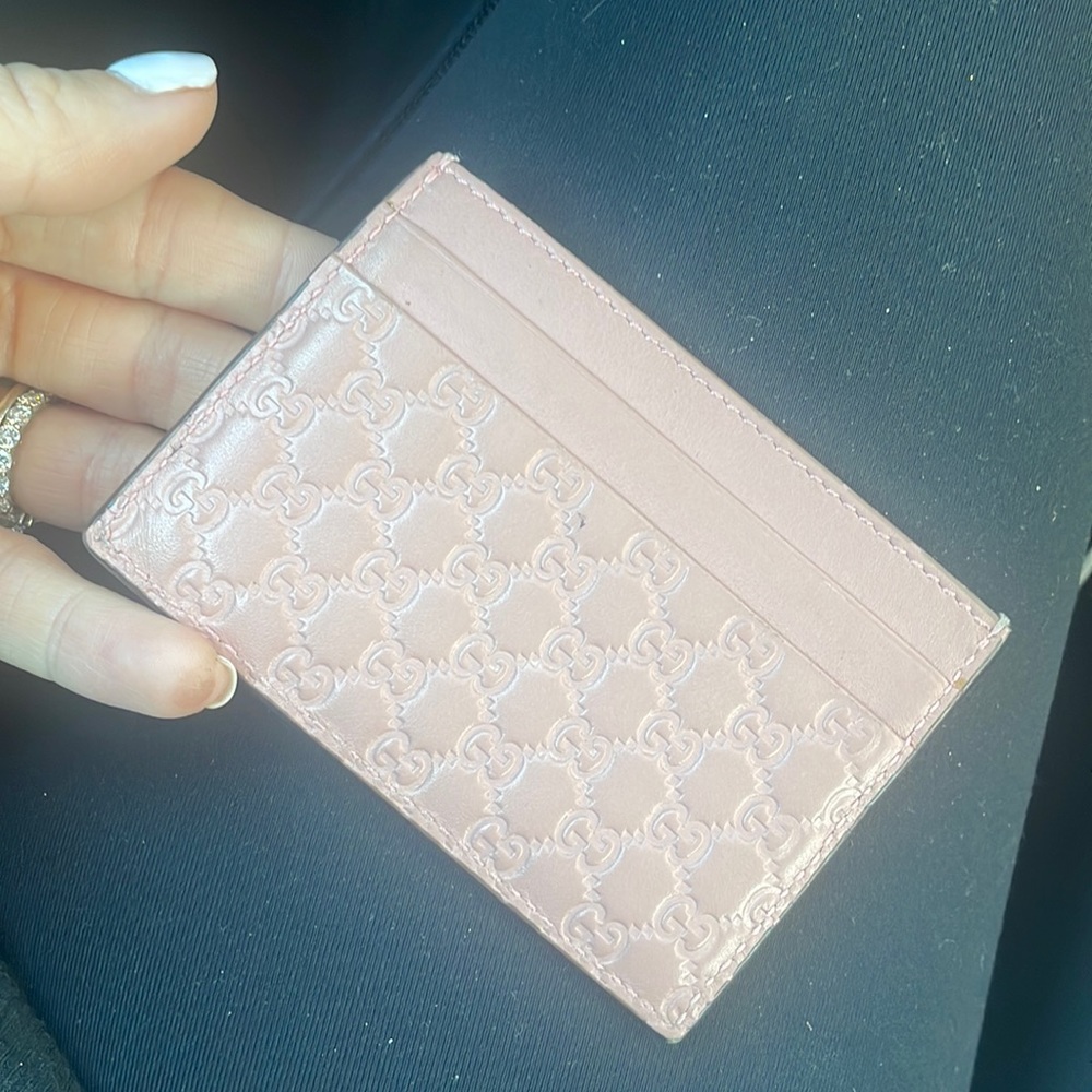 Pink leather monogram Gucci card holder